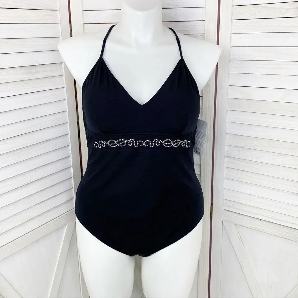 Maxine of‎ Hollywood Azul Swimsuit Studded One Piece Black Silver 16